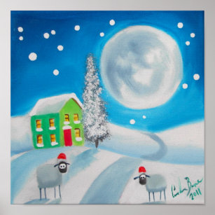 Affiche moutons folle peinture pleine lune hiver
