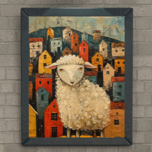 Affiche Moutons Whimsical Dans La Ville Peinture À L'Huile