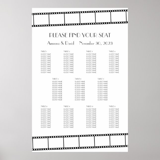 Affiche Movie Stars Film Strip Wedding Seating Chart (Devant)