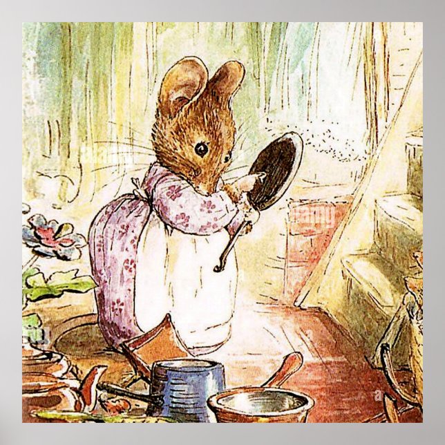 Affiche "Mrs Mouse Cleans Pots and Pans" par Beatrix Potte (Devant)