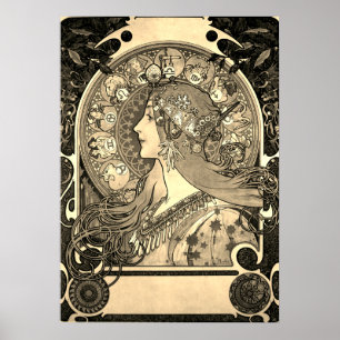 Affiche Mucha Art Nouveau Woman Vintage French Zodiac Post