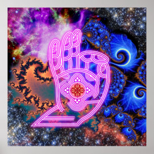 Affiche Mudra avec fractales et galaxies