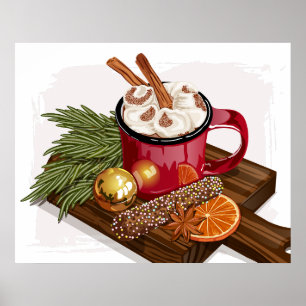 Affiche Mug Chocolat Chaud Rustique Cosy Marshmallow Noël 