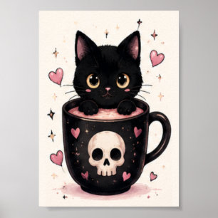 Affiche Mug Crâne Mignon Chat Noir Halloween