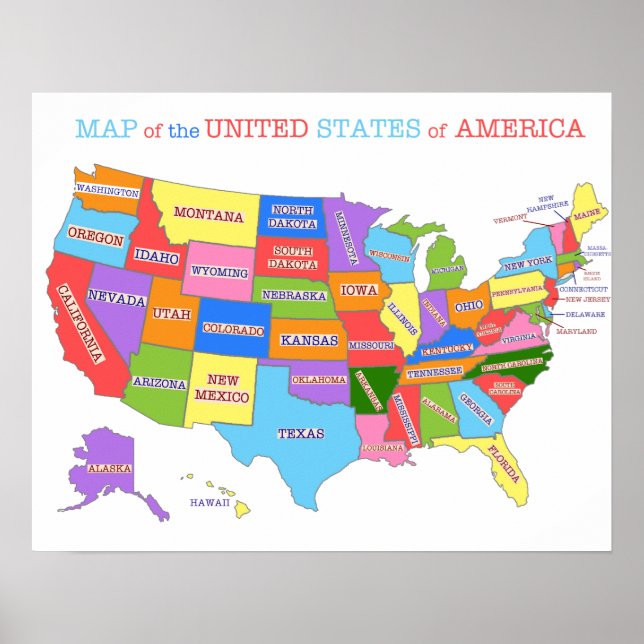 Affiche Multi-Colored Map Of the United States (Devant)
