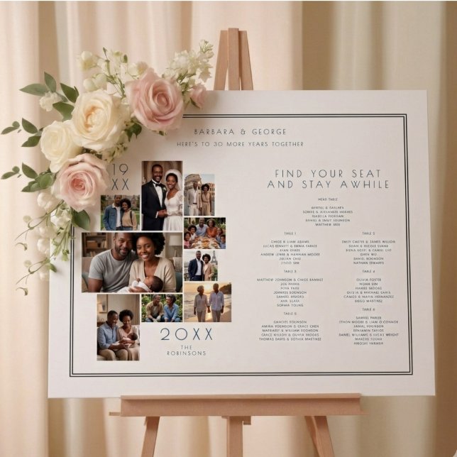 Affiche Multi Photo Collage Anniversaire Plan de table TMF (Elegant Anniversary Seating Chart with a Multi Photo Collage Design and Stylish White Background.)