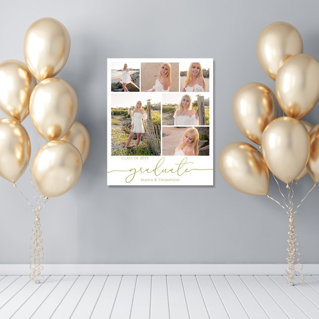 Affiche Multi Photo Collage Moderne Script de Graduation (Graduation photo collage party poster with gold calligraphy. )