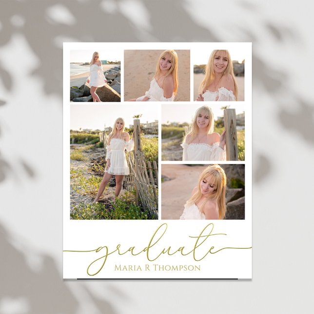 Affiche Multi Photo Collage Moderne Script de Graduation (Graduation gold gradient calligraphy script photo collage poster. )