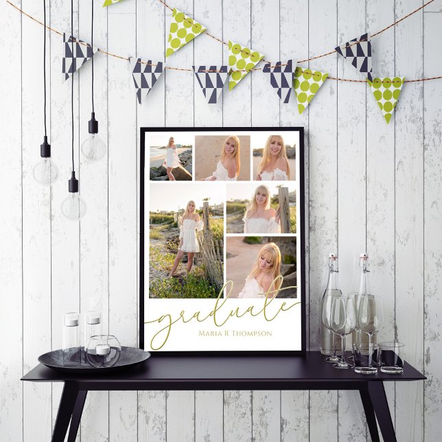 Affiche Multi Photo Collage Moderne Script de Graduation (Gold calligraphy script multi photo template poster.)