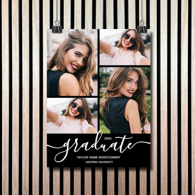 Affiche Multi Photo Graduation Party (Four photos on black graduation party poster - PRINTED and/or INSTANT DOWNLOAD)
