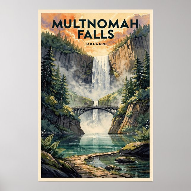Affiche Multnomah Falls Oregon Voyage Rétro (Devant)