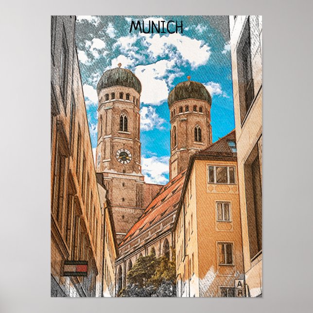Affiche Munich en Allemagne Frauenkirche coloré (Devant)
