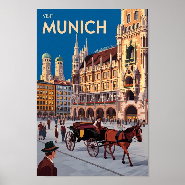 Affiche Munich Germany Marienplatz Travel Art Vintage (Devant)