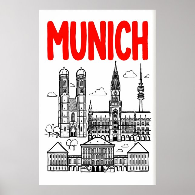 Affiche Munich Skyline Poster, Red Title, Black Outline (Devant)