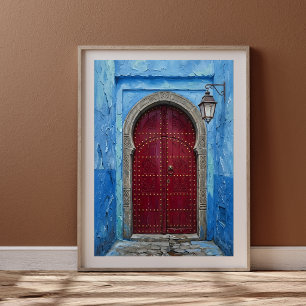 Affiche Mur Bleu de Chefchaouen & Porte Marocaine Cramoisi