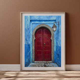 Affiche Mur Bleu de Chefchaouen & Porte Marocaine Cramoisi