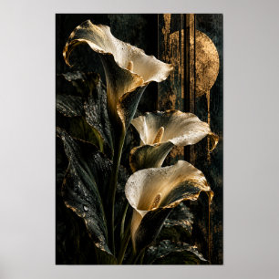Affiche Mur botanical de callas blancs avec cercle doré