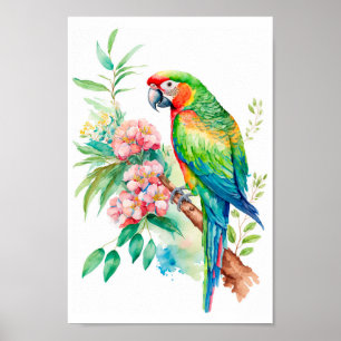 Affiche Mur de Macaw Parrot avec imprimé de fleurs tropica