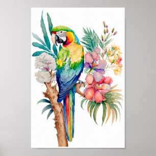 Affiche Mur de Macaw Parrot avec imprimé de fleurs tropica
