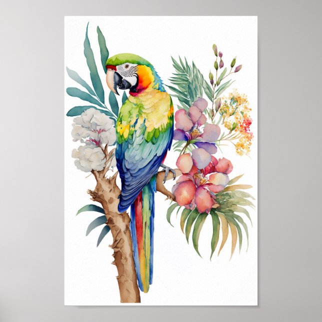 Affiche Mur de Macaw Parrot avec imprimé de fleurs tropica (Devant)