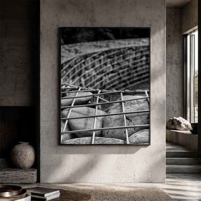 Affiche Mur de pierre en gabion gros plan noir et blanc (Créateur téléchargé)