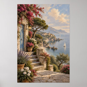 Affiche Mur de Terrasse Côtière Fleurie et Village de Voil