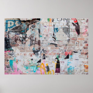 Affiche Mur en brique patiné exposé avec poteau de rue déc