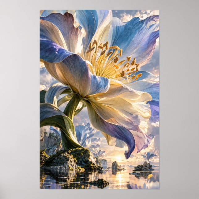 Affiche Mur Géant Fleur Fantasy Paysage Bleu et Crème (Devant)