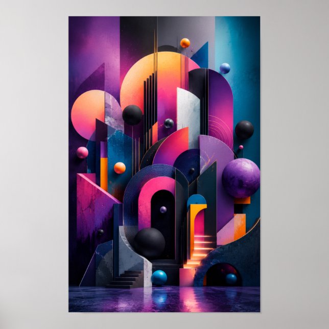 Affiche Mur néon abstrait géométrique 3D  (Devant)