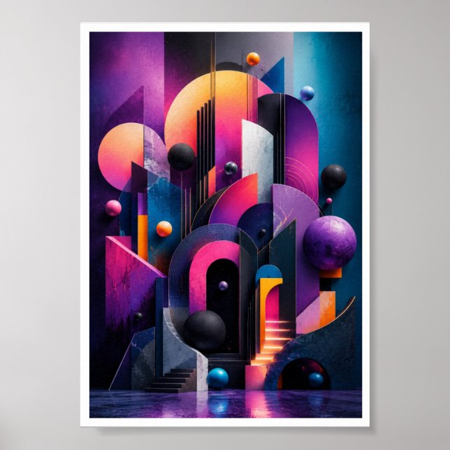 Affiche Mur néon abstrait géométrique 3D  (Devant)