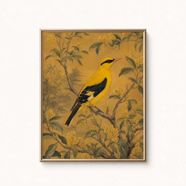 Affiche murale chinoise Loriot doré (Golden Oriole Chinoiserie Wall Art Poster - close-up view (frame/decor not included))