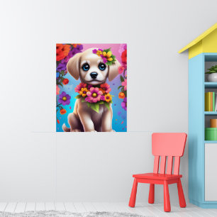 Affiche murale enfantine Chien coloré et Fleurs