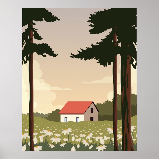 Affiche murale paysage forestier, maison dans la f (Devant)