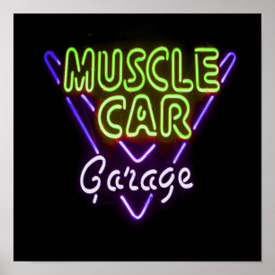 Affiche Muscle Car Garage Neon Sign Blue Green