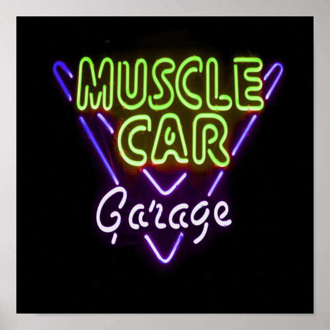 Affiche Muscle Car Garage Neon Sign Blue Green (Devant)