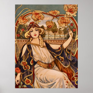 Affiche Muse du Chrysanthème Doré – Art Nouveau Floral 