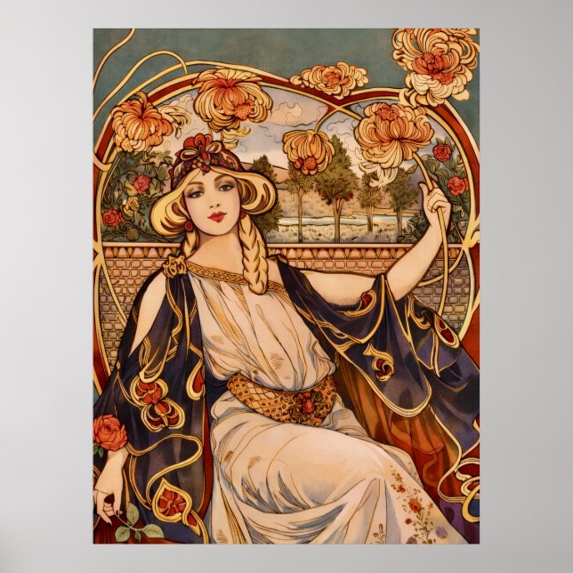 Affiche Muse du Chrysanthème Doré – Art Nouveau Floral  (Devant)