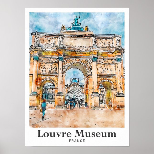 Affiche Musée du Louvre France Aquarelle à main (Devant)