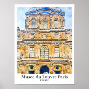 Affiche Musée du Louvre Paris Voyage Aquarelle Main tirée