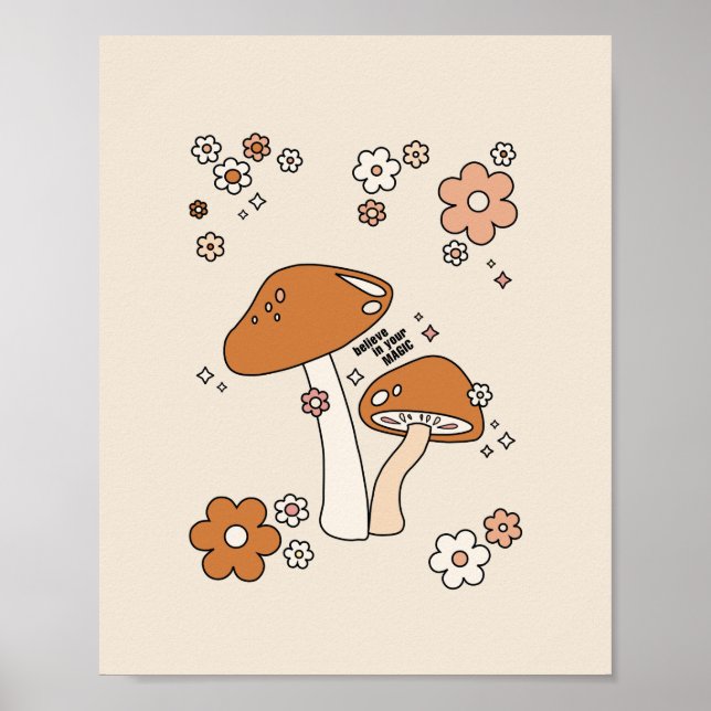 Affiche Mushrooms And Flowers Earth Tones Beige Retro 70s (Devant)