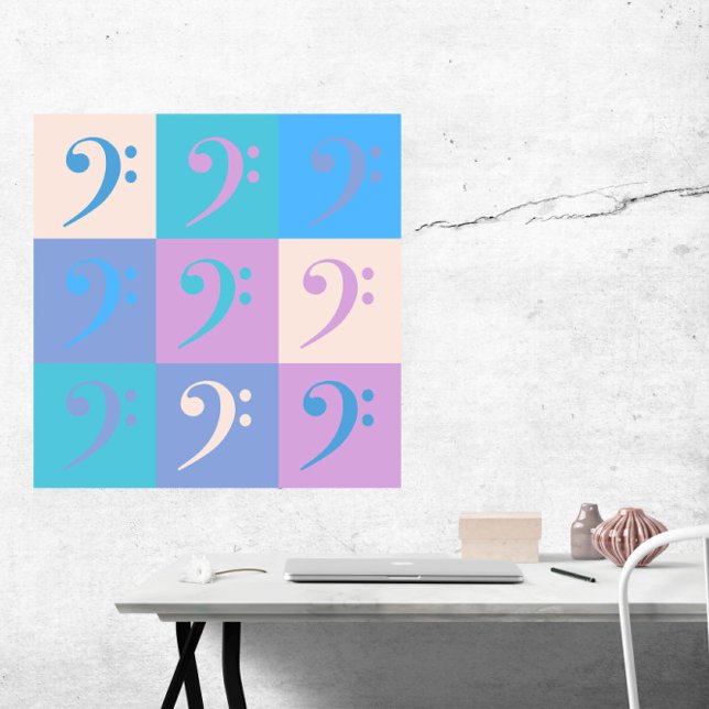 Affiche Music Bass Clef Pastel Colors (A poster of pastel colored bass clef music symbols)