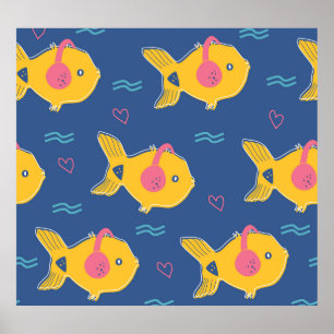 Affiche Music Fishes : Motif Vintage de dessin animé.