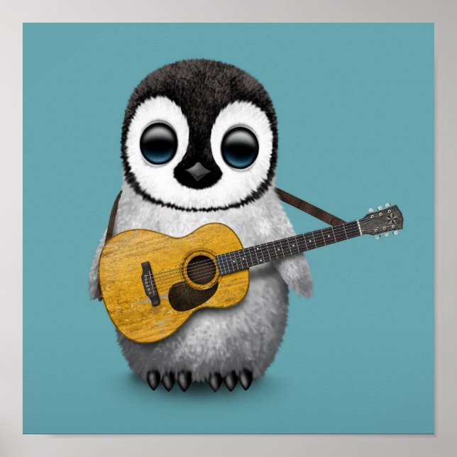 Affiche Musical Baby Penguin Playing Guitar Blue (Devant)