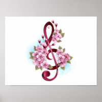 Musical treble clef notes with sakura flowers