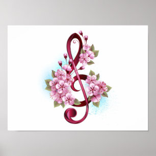 Affiche Musical treble clef notes with sakura flowers