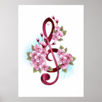 Musical treble clef notes with sakura flowers