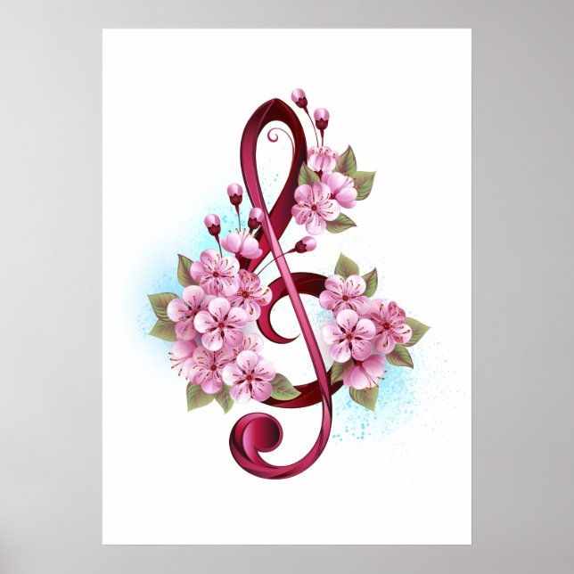 Affiche Musical treble clef notes with sakura flowers (Devant)