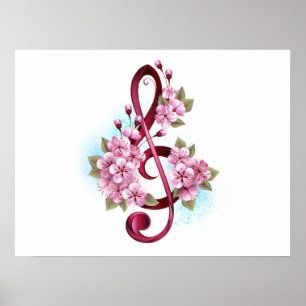 Affiche Musical treble clef notes with sakura flowers