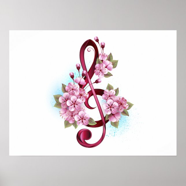 Affiche Musical treble clef notes with sakura flowers (Devant)