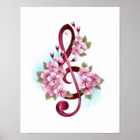 Musical treble clef notes with sakura flowers